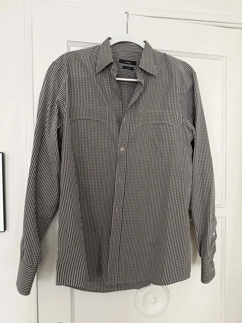 Z Zegna Men's Brown and White Gingham Check Drop 8 Fit Button-Down Shirt